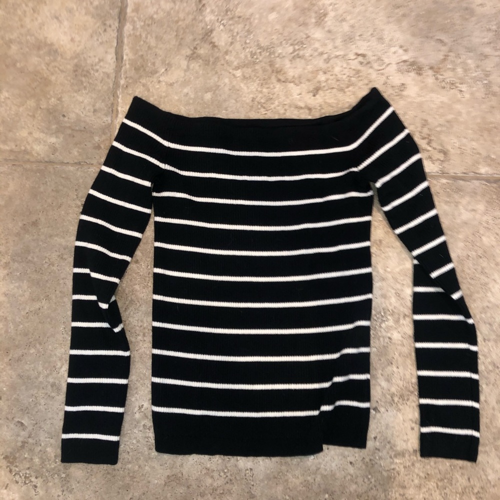 off the shoulder black and white striped sweater